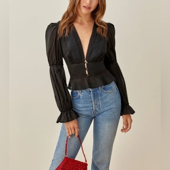 NWT Reformation Meadowlark Top Black Lace Long Sleeve Blouse Crochet | US 2 UK 6 - Picture 4 of 13